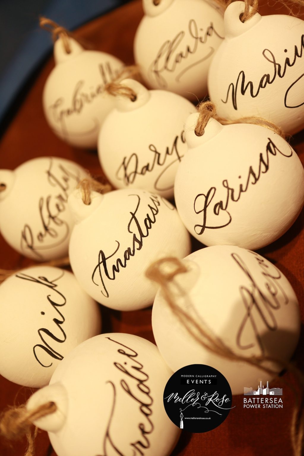 Polly Mellor Calligraphy Live Christmas Bauble Personalisation Battersea Power Station London Polly Mellor Calligraphy Live Christmas Bauble Personalisation Battersea Power Station London